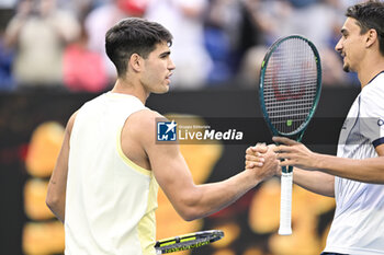 2024-01-18 - Carlos Alcaraz of Spain celebrates his victory during the Australian Open AO 2024 Grand Slam tennis tournament on January 18, 2024 at Melbourne Park in Australia. Photo Victor Joly / DPPI - TENNIS - AUSTRALIAN OPEN 2024 - WEEK 1 - INTERNATIONALS - TENNIS