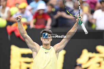 2024-01-18 - Carlos Alcaraz of Spain celebrates his victory during the Australian Open AO 2024 Grand Slam tennis tournament on January 18, 2024 at Melbourne Park in Australia. Photo Victor Joly / DPPI - TENNIS - AUSTRALIAN OPEN 2024 - WEEK 1 - INTERNATIONALS - TENNIS