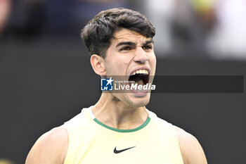 2024-01-18 - Carlos Alcaraz of Spain celebrates his victory during the Australian Open AO 2024 Grand Slam tennis tournament on January 18, 2024 at Melbourne Park in Australia. Photo Victor Joly / DPPI - TENNIS - AUSTRALIAN OPEN 2024 - WEEK 1 - INTERNATIONALS - TENNIS