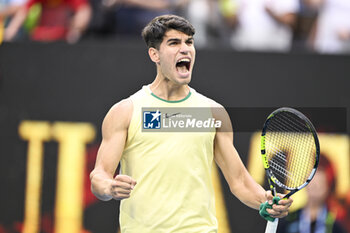 2024-01-18 - Carlos Alcaraz of Spain celebrates his victory during the Australian Open AO 2024 Grand Slam tennis tournament on January 18, 2024 at Melbourne Park in Australia. Photo Victor Joly / DPPI - TENNIS - AUSTRALIAN OPEN 2024 - WEEK 1 - INTERNATIONALS - TENNIS