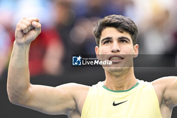 2024-01-18 - Carlos Alcaraz of Spain celebrates his victory during the Australian Open AO 2024 Grand Slam tennis tournament on January 18, 2024 at Melbourne Park in Australia. Photo Victor Joly / DPPI - TENNIS - AUSTRALIAN OPEN 2024 - WEEK 1 - INTERNATIONALS - TENNIS