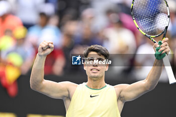 2024-01-18 - Carlos Alcaraz of Spain celebrates his victory during the Australian Open AO 2024 Grand Slam tennis tournament on January 18, 2024 at Melbourne Park in Australia. Photo Victor Joly / DPPI - TENNIS - AUSTRALIAN OPEN 2024 - WEEK 1 - INTERNATIONALS - TENNIS