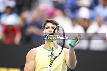 2024-01-18 - Carlos Alcaraz of Spain celebrates his victory during the Australian Open AO 2024 Grand Slam tennis tournament on January 18, 2024 at Melbourne Park in Australia. Photo Victor Joly / DPPI - TENNIS - AUSTRALIAN OPEN 2024 - WEEK 1 - INTERNATIONALS - TENNIS