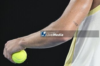 2024-01-24 - Carlos Alcaraz with tattoo on arm 11.09.22 during the Australian Open AO 2024 Grand Slam tennis tournament on January 24, 2024 at Melbourne Park in Melbourne, Australia. Photo Victor Joly / DPPI - TENNIS - AUSTRALIAN OPEN 2024 - WEEK 2 - INTERNATIONALS - TENNIS