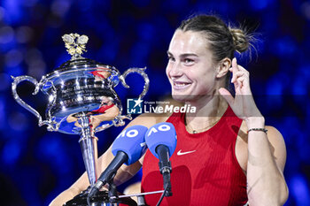 2024-01-27 - Aryna Sabalenka with the trophy during the Australian Open AO 2024 women's final Grand Slam tennis tournament on January 27, 2024 at Melbourne Park in Australia. Photo Victor Joly / DPPI - TENNIS - AUSTRALIAN OPEN 2024 - WEEK 2 - INTERNATIONALS - TENNIS