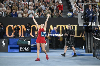 2024-01-27 - Aryna Sabalenka celebrates her victory during the Australian Open AO 2024 women's final Grand Slam tennis tournament on January 27, 2024 at Melbourne Park in Australia. Photo Victor Joly / DPPI - TENNIS - AUSTRALIAN OPEN 2024 - WEEK 2 - INTERNATIONALS - TENNIS