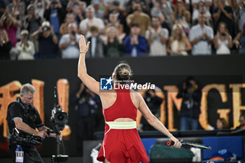 2024-01-27 - Aryna Sabalenka celebrates her victory during the Australian Open AO 2024 women's final Grand Slam tennis tournament on January 27, 2024 at Melbourne Park in Australia. Photo Victor Joly / DPPI - TENNIS - AUSTRALIAN OPEN 2024 - WEEK 2 - INTERNATIONALS - TENNIS