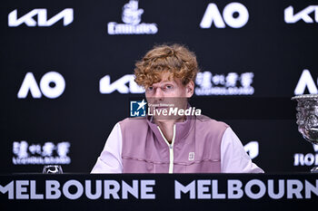 2024-01-28 - Jannik Sinner of Italy with the Norman Brookes cup trophy during a press conference of the Australian Open AO 2024 men's final Grand Slam tennis tournament on January 28, 2024 at Melbourne Park in Australia. Photo Victor Joly / DPPI - TENNIS - AUSTRALIAN OPEN 2024 - WEEK 2 - INTERNATIONALS - TENNIS