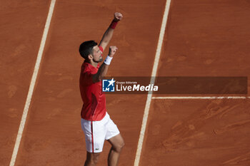 2024-04-11 - Novak Djokovic of Serbia celebrates his victory over Lorenzo Musetti of Italy during day 5 of the Rolex Monte-Carlo 2024, ATP Masters 1000 tennis event on April 11, 2024 at Monte-Carlo Country Club in Roquebrune Cap Martin, France - TENNIS - ROLEX MONTE-CARLO MASTERS 2024 - 11/04 - INTERNATIONALS - TENNIS