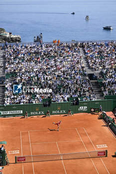 2024-04-13 - General atmosphere ambiance view or ambience illustration of center Court Rainier III with Stefanos Tsitsipas during the Rolex Monte-Carlo ATP Masters 1000 tennis on April 13, 2024 at Monte Carlo Country Club in Roquebrune Cap Martin, France near Monaco. Photo Victor Joly / DPPI - TENNIS - ROLEX MONTE CARLO MASTERS 2024 - 13/04 - INTERNATIONALS - TENNIS
