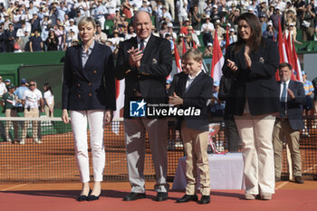 2024-04-14 - Princess Charlene of Monaco, Prince Albert II of Monaco, Prince Jacques of Monaco, Melanie-Antoinette Costello de Massy during the podium ceremony on day 8 of the Rolex Monte-Carlo 2024, ATP Masters 1000 tennis event on April 14, 2024 at Monte-Carlo Country Club in Roquebrune Cap Martin, France - TENNIS - ROLEX MONTE CARLO MASTERS 2024 - 14/04 - INTERNATIONALS - TENNIS