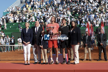 2024-04-14 - Princess Charlene of Monaco, Prince Albert II of Monaco, Prince Jacques of Monaco, winner Stefanos Tsitsipas of Greece, finalist Casper Ruud of Norway, Melanie-Antoinette Costello de Massy during the podium ceremony on day 8 of the Rolex Monte-Carlo 2024, ATP Masters 1000 tennis event on April 14, 2024 at Monte-Carlo Country Club in Roquebrune Cap Martin, France - TENNIS - ROLEX MONTE CARLO MASTERS 2024 - 14/04 - INTERNATIONALS - TENNIS