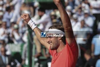 2024-04-14 - Stefanos Tsitsipas of Greece celebrates winning the final against Casper Ruud of Norway during day 8 of the Rolex Monte-Carlo 2024, ATP Masters 1000 tennis event on April 14, 2024 at Monte-Carlo Country Club in Roquebrune Cap Martin, France - TENNIS - ROLEX MONTE CARLO MASTERS 2024 - 14/04 - INTERNATIONALS - TENNIS