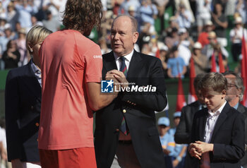 2024-04-14 - Winner Stefanos Tsitsipas of Greece and Prince Albert II of Monaco during the podium ceremony on day 8 of the Rolex Monte-Carlo 2024, ATP Masters 1000 tennis event on April 14, 2024 at Monte-Carlo Country Club in Roquebrune Cap Martin, France - TENNIS - ROLEX MONTE CARLO MASTERS 2024 - 14/04 - INTERNATIONALS - TENNIS