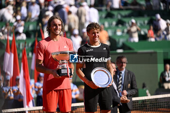 2024-04-14 - Stefanos Tsitsipas and Casper Ruud during the Rolex Monte-Carlo final ATP Masters 1000 tennis on April 14, 2024 at Monte Carlo Country Club in Roquebrune Cap Martin, France near Monaco. Photo Victor Joly / DPPI - TENNIS - ROLEX MONTE CARLO MASTERS 2024 - 14/04 - INTERNATIONALS - TENNIS
