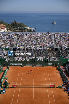 2024-04-14 - General atmosphere ambiance view or ambience illustration of center Court Rainier III during the Rolex Monte-Carlo final ATP Masters 1000 tennis on April 14, 2024 at Monte Carlo Country Club in Roquebrune Cap Martin, France near Monaco. Photo Victor Joly / DPPI - TENNIS - ROLEX MONTE CARLO MASTERS 2024 - 14/04 - INTERNATIONALS - TENNIS