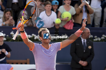 2024-04-16 - Rafael Nadal of Spain celebrates his first round victory against Flavio Cobelli of Italy on day 2 of the Barcelona Open Banc Sabadell, ATP 500 tennis tournament at Real Club de Tenis Barcelona on April 16, 2024 in Barcelona, Spain - TENNIS - BARCELONA OPEN BANC SABADELL 2024 - INTERNATIONALS - TENNIS