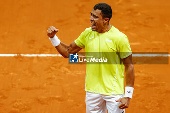 2024-04-27 - Thiago Monteiro of Brazil celebrates after winning against Stefanos Tsisipas of Greece during the Mutua Madrid Open 2024, ATP Masters 1000 and WTA 1000, tennis tournament on April 27, 2024 at Caja Magica in Madrid, Spain - TENNIS - MUTUA MADRID OPEN 2024 - INTERNATIONALS - TENNIS