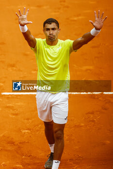2024-04-27 - Thiago Monteiro of Brazil celebrates after winning against Stefanos Tsisipas of Greece during the Mutua Madrid Open 2024, ATP Masters 1000 and WTA 1000, tennis tournament on April 27, 2024 at Caja Magica in Madrid, Spain - TENNIS - MUTUA MADRID OPEN 2024 - INTERNATIONALS - TENNIS