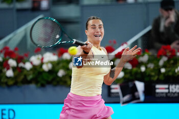 2024-05-01 - Aryna Sabalenka of Belarus in action against Mirra Andreeva of Russia during the Mutua Madrid Open 2024, ATP Masters 1000 and WTA 1000, tennis tournament on May 1, 2024 at Caja Magica in Madrid, Spain - TENNIS - MUTUA MADRID OPEN 2024 - INTERNATIONALS - TENNIS