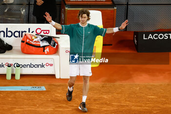 01/05/2024 - Andrey Rublev of Russia celebrates after winning against Carlos Alcaraz of Spain during the Mutua Madrid Open 2024, ATP Masters 1000 and WTA 1000, tennis tournament on May 1, 2024 at Caja Magica in Madrid, Spain - TENNIS - MUTUA MADRID OPEN 2024 - INTERNAZIONALI - TENNIS