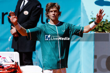 30/04/2024 - Andrey Rublev of Russia celebrates after winning against Tallon Griekspoor of Netherlands during the Mutua Madrid Open 2024, ATP Masters 1000 and WTA 1000, tennis tournament on April 30, 2024 at Caja Magica in Madrid, Spain - TENNIS - MUTUA MADRID OPEN 2024 - INTERNAZIONALI - TENNIS