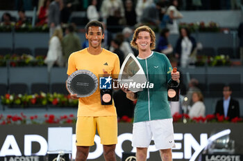 05/05/2024 - Andrey Rublev of Russia (Winner) and Felix Auger-Aliassime of Canada (Runner-up) with the trophies during the Mutua Madrid Open 2024, ATP Masters 1000 and WTA 1000, tennis tournament on May 5, 2024 at Caja Magica in Madrid, Spain - TENNIS - MUTUA MADRID OPEN 2024 - INTERNAZIONALI - TENNIS