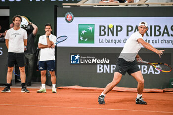 2024-05-20 - Carlos MOYA, Gustavo MARCACCIO and Rafael NADAL of Spain during a training session of Roland-Garros 2024, ATP and WTA Grand Slam tennis tournament on May 20, 2024 at Roland-Garros stadium in Paris, France - TENNIS - ROLAND GARROS 2024 - PREVIEWS - INTERNATIONALS - TENNIS