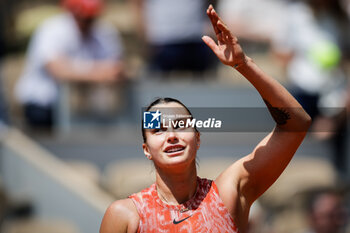 2024-06-03 - Aryna SABALENKA of Belarus celebrates his victory during the ninth day of Roland-Garros 2024, ATP and WTA Grand Slam tennis tournament on June 03, 2024 at Roland-Garros stadium in Paris, France - TENNIS - ROLAND GARROS 2024 - 03/06 - INTERNATIONALS - TENNIS