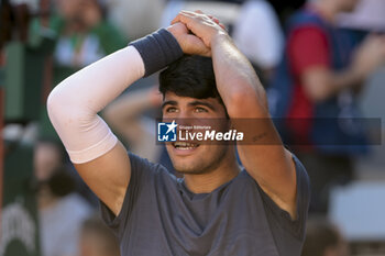 2024-06-07 - Carlos Alcaraz of Spain celebrates winning the semifinal against Jannik Sinner of Italy on day 12 of the 2024 French Open, Roland-Garros 2024, Grand Slam tennis tournament on June 7, 2024 at Roland-Garros stadium in Paris, France - TENNIS - ROLAND GARROS 2024 - 07/06 - INTERNATIONALS - TENNIS