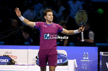 11/11/2024 - Caper Ruud (Norway) celebrates during the match againts Carlos Alcaraz (Spain) - 2024 ATP NITTO FINALS - ALCARAZ VS RUUD - INTERNAZIONALI - TENNIS