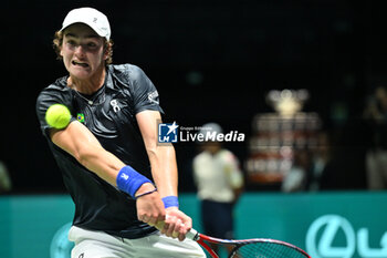 2024-09-11 - Joao Fonseca (BRA) in action during the 2024 Davis Cup Finals Group Stage Bologna match between the Italy and Brazil at Unipol Arena on September 11, 2024 in Bologna, Italy. - DAVIS CUP - INTERNATIONALS - TENNIS