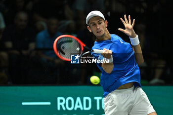 2024-09-11 - Matteo Arnaldi (ITA) in action during the 2024 Davis Cup Finals Group Stage Bologna match between the Italy and Brazil at Unipol Arena on September 11, 2024 in Bologna, Italy. - DAVIS CUP - INTERNATIONALS - TENNIS