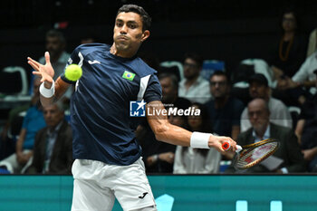 2024-09-11 - Thiago Monteiro (BRA) in action during the 2024 Davis Cup Finals Group Stage Bologna match between the Italy and Brazil at Unipol Arena on September 11, 2024 in Bologna, Italy. - DAVIS CUP - INTERNATIONALS - TENNIS