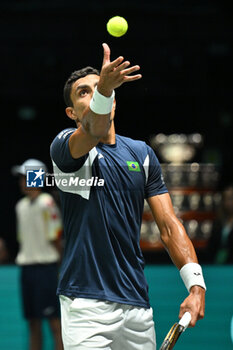 2024-09-11 - Thiago Monteiro (BRA) in action during the 2024 Davis Cup Finals Group Stage Bologna match between the Italy and Brazil at Unipol Arena on September 11, 2024 in Bologna, Italy. - DAVIS CUP - INTERNATIONALS - TENNIS