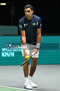 2024-09-11 - Thiago Monteiro (BRA) in action during the 2024 Davis Cup Finals Group Stage Bologna match between the Italy and Brazil at Unipol Arena on September 11, 2024 in Bologna, Italy. - DAVIS CUP - INTERNATIONALS - TENNIS