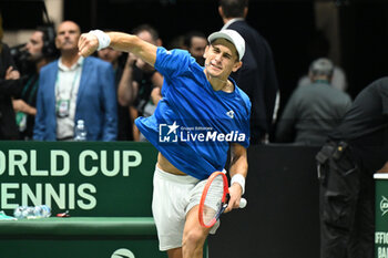 2024-09-11 - Matteo Arnaldi (ITA) in action during the 2024 Davis Cup Finals Group Stage Bologna match between the Italy and Brazil at Unipol Arena on September 11, 2024 in Bologna, Italy. - DAVIS CUP - INTERNATIONALS - TENNIS