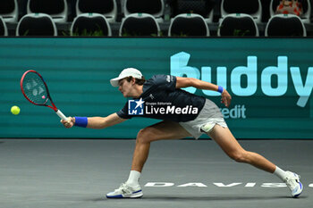 2024-09-12 - Joao Fonseca (BRA) in action during the 2024 Davis Cup Finals Group Stage Bologna match between the Netherlands and Brazil at Unipol Arena on September 12, 2024 in Bologna, Italy. - DAVIS CUP - INTERNATIONALS - TENNIS