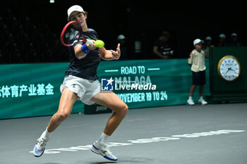 2024-09-12 - Joao Fonseca (BRA) in action during the 2024 Davis Cup Finals Group Stage Bologna match between the Netherlands and Brazil at Unipol Arena on September 12, 2024 in Bologna, Italy. - DAVIS CUP - INTERNATIONALS - TENNIS