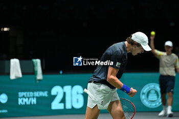 2024-09-12 - Joao Fonseca (BRA) in action during the 2024 Davis Cup Finals Group Stage Bologna match between the Netherlands and Brazil at Unipol Arena on September 12, 2024 in Bologna, Italy. - DAVIS CUP - INTERNATIONALS - TENNIS