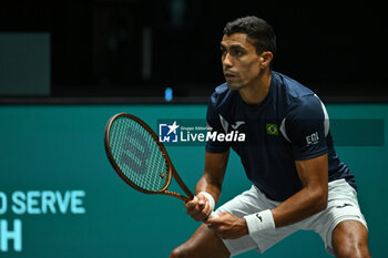 2024-09-12 - Thiago Monteiro (BRA) in action during the 2024 Davis Cup Finals Group Stage Bologna match between the Netherlands and Brazil at Unipol Arena on September 12, 2024 in Bologna, Italy. - DAVIS CUP - INTERNATIONALS - TENNIS