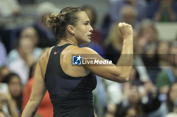 2024-09-06 - Aryna Sabalenka of Belarus celebrates her semifinal victory during day 11 of the 2024 US Open, Grand Slam tennis tournament on 5 September 2024 at USTA Billie Jean King National Tennis Center in New York, United States - TENNIS - US OPEN 2024 - 05/09 - INTERNATIONALS - TENNIS