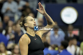 2024-09-06 - Aryna Sabalenka of Belarus celebrates her semifinal victory during day 11 of the 2024 US Open, Grand Slam tennis tournament on 5 September 2024 at USTA Billie Jean King National Tennis Center in New York, United States - TENNIS - US OPEN 2024 - 05/09 - INTERNATIONALS - TENNIS