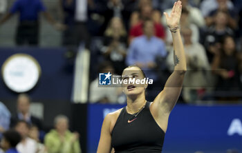 2024-09-06 - Aryna Sabalenka of Belarus celebrates her semifinal victory during day 11 of the 2024 US Open, Grand Slam tennis tournament on 5 September 2024 at USTA Billie Jean King National Tennis Center in New York, United States - TENNIS - US OPEN 2024 - 05/09 - INTERNATIONALS - TENNIS