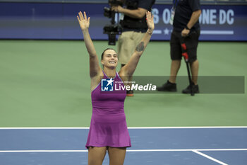 2024-09-08 - Aryna Sabalenka of Belarus celebrates winning the women's final against Jessica Pegula of USA during day 13 of the 2024 US Open, Grand Slam tennis tournament on 7 September 2024 at USTA Billie Jean King National Tennis Center in New York, United States - TENNIS - US OPEN 2024 - 07/09 - INTERNATIONALS - TENNIS