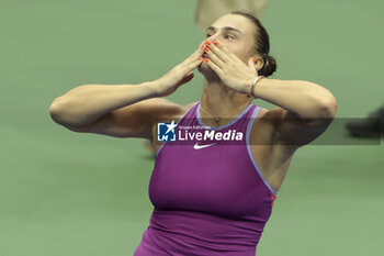 2024-09-08 - Aryna Sabalenka of Belarus celebrates winning the women's final against Jessica Pegula of USA during day 13 of the 2024 US Open, Grand Slam tennis tournament on 7 September 2024 at USTA Billie Jean King National Tennis Center in New York, United States - TENNIS - US OPEN 2024 - 07/09 - INTERNATIONALS - TENNIS