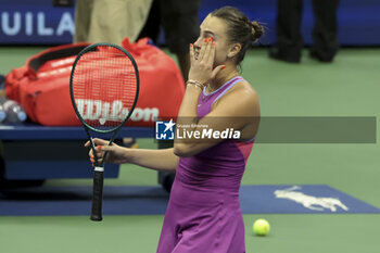 2024-09-08 - Aryna Sabalenka of Belarus celebrates winning the women's final against Jessica Pegula of USA during day 13 of the 2024 US Open, Grand Slam tennis tournament on 7 September 2024 at USTA Billie Jean King National Tennis Center in New York, United States - TENNIS - US OPEN 2024 - 07/09 - INTERNATIONALS - TENNIS