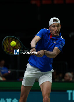 2024-09-10 - Ugo Humbert of France in action against Alexei Popyrin of Australia during the Davis Cup 2024, Group B, tennis match played between France and Australia at Fuente de San Luis on September 10, 2024, in Valencia, Spain. Photo Alvaro Diaz / SpainDPPI / DPPI - TENNIS - DAVIS CUP - FRANCE V AUSTRALIA - INTERNATIONALS - TENNIS