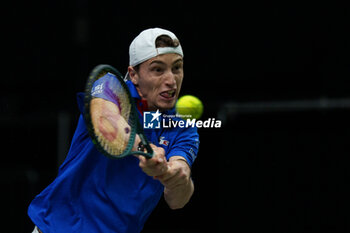 2024-09-10 - Ugo Humbert of France in action against Alexei Popyrin of Australia during the Davis Cup 2024, Group B, tennis match played between France and Australia at Fuente de San Luis on September 10, 2024, in Valencia, Spain. Photo Alvaro Diaz / SpainDPPI / DPPI - TENNIS - DAVIS CUP - FRANCE V AUSTRALIA - INTERNATIONALS - TENNIS