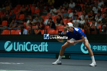 2024-09-10 - Ugo Humbert of France in action against Alexei Popyrin of Australia during the Davis Cup 2024, Group B, tennis match played between France and Australia at Fuente de San Luis on September 10, 2024, in Valencia, Spain. Photo Alvaro Diaz / SpainDPPI / DPPI - TENNIS - DAVIS CUP - FRANCE V AUSTRALIA - INTERNATIONALS - TENNIS